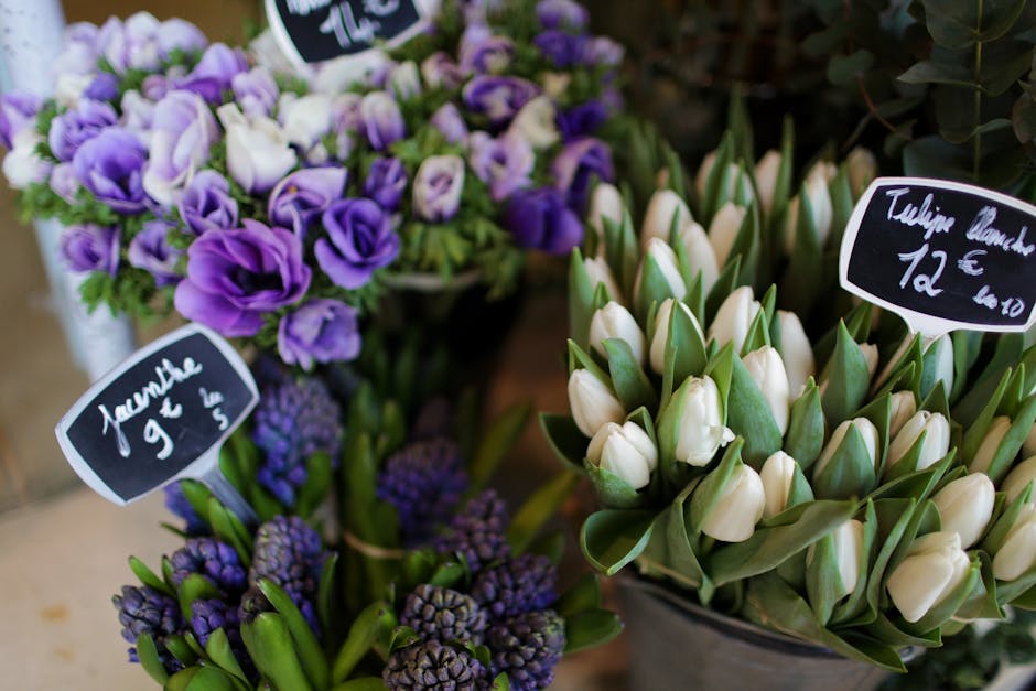A close-up view of fresh floral arrangements at Pimlico Flowers, featuring a bouquet of purple and white hyacinths with tightly packed petals and glossy green leaves, placed on a table. To the right,
