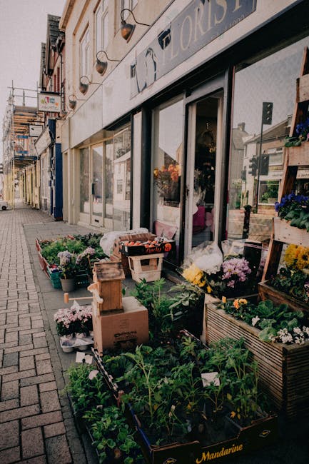 An outdoor floral display outside Pimlico Flowers with an assortment of fresh flowers and plants arranged in wooden crates, cardboard boxes, and plastic containers on the sidewalk. The flowers include