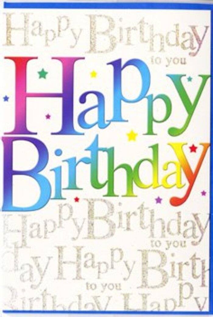 The photograph features a striking birthday card whose design radiates the same happiness you might feel walking past fresh flower stalls near Tachbrook Street Market on a bright morning. Across the front, the phrase Happy Birthday arcs confidently from left to right in large, friendly letters, slightly raised so they appear almost touchable. Each letter is dressed in its own vivid hue, arranged in a smooth, continuous rainbow that blends from bold crimson and fuchsia through apricot, goldenrod, and lime, into sea blue and regal violet. The colour transitions are soft and painterly, as if brushed on in gentle strokes, creating a sense of joyful movement. The background is a warm, light tone, over which fine lines of cursive writing repeat the words Happy Birthday to you in delicate golden script. This script forms a shimmering tapestry behind the main message, glinting like sunlight on polished brass as you shift your angle of view. Small starbursts and flecks of colour are scattered among the script, adding a hint of party confetti without crowding the composition. The finish of the card appears smooth and satiny, with just enough gloss to catch the light, suggesting a quality piece chosen with care. The mood is one of generous, sincere celebration-cheerful but not childish, suitable for a milestone birthday or for anyone who delights in rich colour and thoughtful detail. You can imagine this card nestled among a rainbow bouquet prepared by a Pimlico florist, the inked gradients echoing the petals of mixed stems, ready to be hand-delivered along the quiet residential streets nearby, carrying both the visual excitement and heartfelt warmth of the occasion.