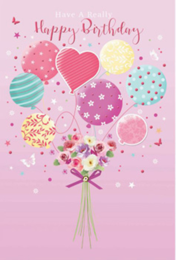 Softly whimsical birthday illustration showing pastel balloons lifting a petite bouquet, evoking the feeling of a lighthearted celebration along the quiet streets of Pimlico. The scene is set on a smooth pink background, similar to fine greeting card paper, with a gentle gradient of light that brightens the centre of the design. From this centre rises a cluster of balloons in dreamy, floating formation, as if they've just been released from a birthday table near Warwick Square. Each balloon has its own personality: rounded silhouettes in blush pink, sea green, lemon yellow, lilac and peach, some with candy-stripe bands curling around them, others with scattered polka dots, starbursts or tiny floral motifs. Their soft sheen suggests polished latex or foil, the highlights gleaming where an unseen light source catches them. Suspended below this cluster is a compact bouquet, hand-tied and slightly rounded, with short visible stems gathered neatly. The blooms resemble miniature roses and anemone-like flowers, petals illustrated with gentle shading from creamy ivory to rose and mauve, giving the impression of fresh, velvety textures. A violet-purple satin bow cinches the stems, its loops and trailing ends adding a note of elegance and care. Around the balloons and florals, delicate butterflies and star accents drift as if caught in a light breeze from the nearby Thames, adding to the sense of movement and wonder. The whole composition radiates tender joy - a visual translation of a birthday wish - capturing how a thoughtfully chosen card and flowers from a local Pimlico florist can make someone feel cherished, celebrated and held in a moment of pure, pastel-coloured happiness.
