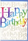 In this image, a vibrant birthday card takes centre stage, its front cover designed to feel like a party in paper form, much like the buzz of an evening gathering near St George's Square. Dominating the layout are the words Happy Birthday, written in large, rounded letters that seem to dance across the card. Each letter glows with its own colour, creating a joyful rainbow effect that flows from rich wine-red through coral, sunny yellow, and grassy green, into cool teal and sapphire, finishing in deep amethyst purple. The gradient within each letter is smooth and velvety, reminiscent of the way colours blend in a carefully arranged bouquet, moving from one shade to the next without hard edges. Set behind this bold greeting is a gentle backdrop of repeated Happy Birthday to you, rendered in fine, looping golden script. The script is delicate and slightly shimmering, forming a soft, celebratory pattern that looks almost like strands of tinsel or fine ribbon layered behind the main text. Tiny sparkles and star-like dots of colour peek out here and there, giving the impression of confetti caught in mid-air. The card surface appears sleek and lightly glossy, catching reflections from the surrounding light and suggesting a premium finish. The entire composition feels upbeat, modern, and full of affection-a design that would sit beautifully beside a colourful birthday arrangement ordered for delivery across Pimlico. It captures not just the words of a birthday wish, but the mood of anticipation and cheer that surrounds opening presents, sharing cake, and being thoughtfully remembered.
