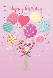 Artful birthday card illustration featuring a pastel balloon bouquet and hand-tied flowers, reminiscent of something selected from Pimlico Flowers before strolling past Tachbrook Street Market. The background is a soft, rose-tinted pink, smooth and even, like quality stationery ready for a handwritten message. Rising from the lower centre, a loose bundle of balloons floats upward, giving the impression of weightlessness and quiet delight. Their colours are gentle and harmonious - blush pinks, sea greens, soft yellows, lilacs and warm peaches - each balloon decorated with playful patterns: some with candy-shop stripes, others dotted with sprinkles of polka dots, stars, or tiny florals. A heart-shaped balloon stands out tenderly among the round ones, suggesting affection at the centre of the celebration. Below, nestled where the strings would meet, is a tidy bouquet of petite roses and daisy-like blossoms in cream, blush and muted mauve, petals rendered with soft shading that hints at velvety texture and a delicate, sweet scent. The stems are gathered and finished with a rich violet satin bow, its sheen and carefully tied loops showing the same attention to detail a florist would give a real bouquet prepared for same-day delivery across Pimlico. Light seems to pour gently over the design, highlighting the slight shine on the balloons and the natural glow of the petals. Tiny butterflies and star shapes hover around, adding a touch of storybook magic. Altogether, the image captures the essence of a birthday that feels both playful and heartfelt, like a small celebration floating above the everyday.